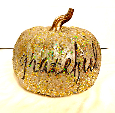 Thanksgiving Pumpkin 8" Silver "grateful" Decorative Multicolor Glitter Sequins