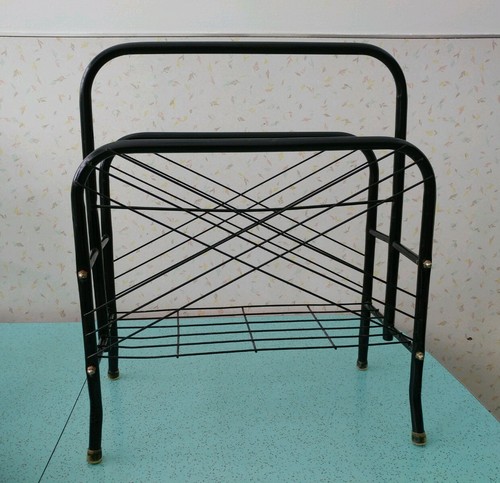 Vintage Mid Century Black Metal Magazine Rack