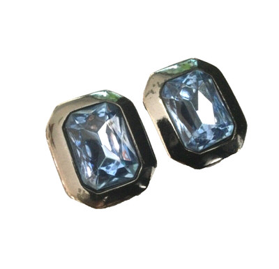 Vintage Signed KIM Pat 2733491 Silver tone BLUE Rhinestone Clip-On Earrings