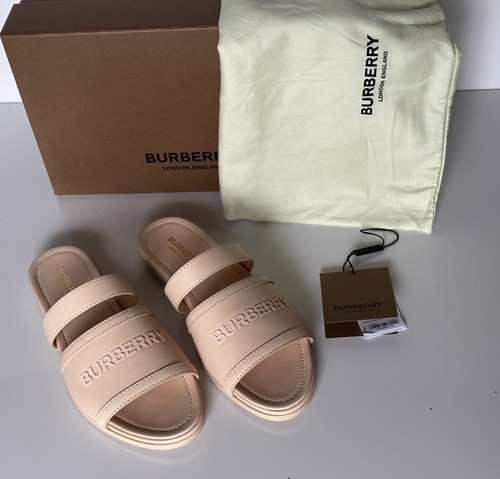 Pre-owned Burberry Open Toe Women's Peach Leather Slides Sandals 7.5 (37.5) 8047843 It In Orange