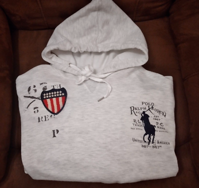 Vintage POLO RALPH LAUREN USA Stadium Shield Hoodie Sweatshirt L XL K Swiss Gray