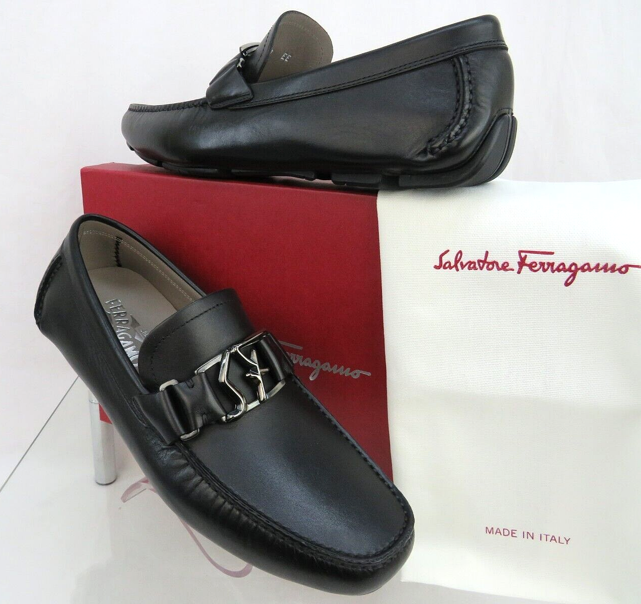 Pre-owned Ferragamo Peter Black Leather Sf Logo Buckle Moccasin Driving Loafers Us 10 D