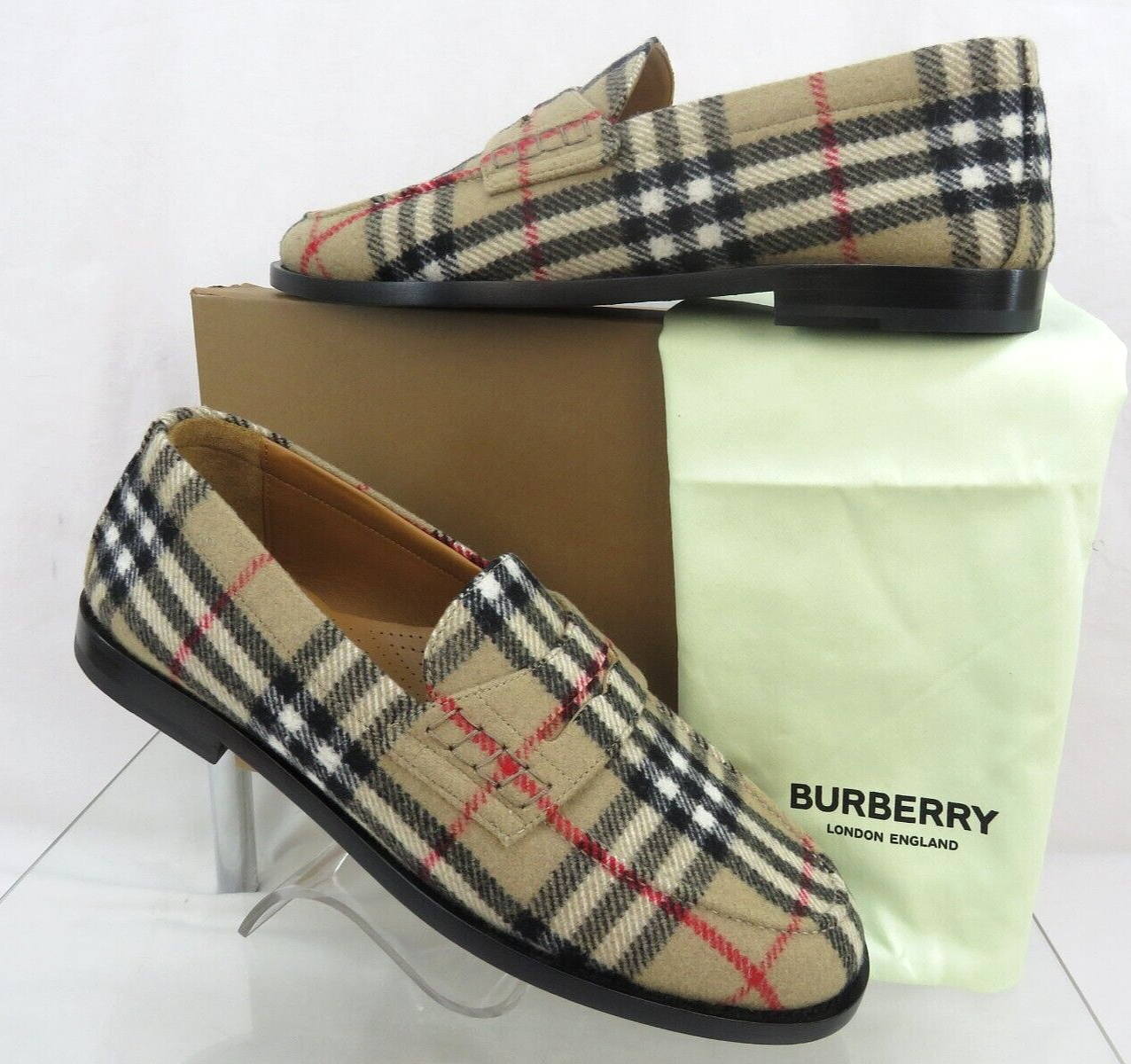 Pre-owned Burberry $790  Hackney Beige Check Wool Penny Loafers 43.5 Us 10.5 Italy