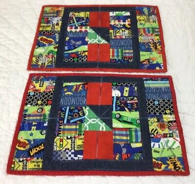 Two Patchwork Quilt Placemats, Hand Made, Nine Patch, Crayon, Toy & Car Prints