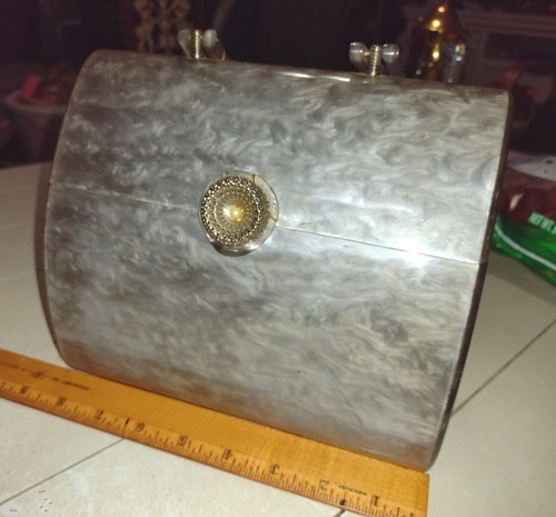 Vintage 1950's Mid-Century Modern Wilardy Lucite Box Purse Gunmetal Pearl Grey