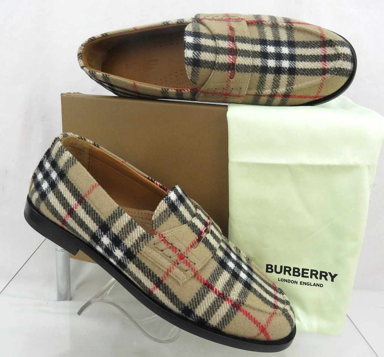 Pre-owned Burberry $790  Hackney Beige Check Wool Penny Loafers 43.5 Us 10.5 Italy
