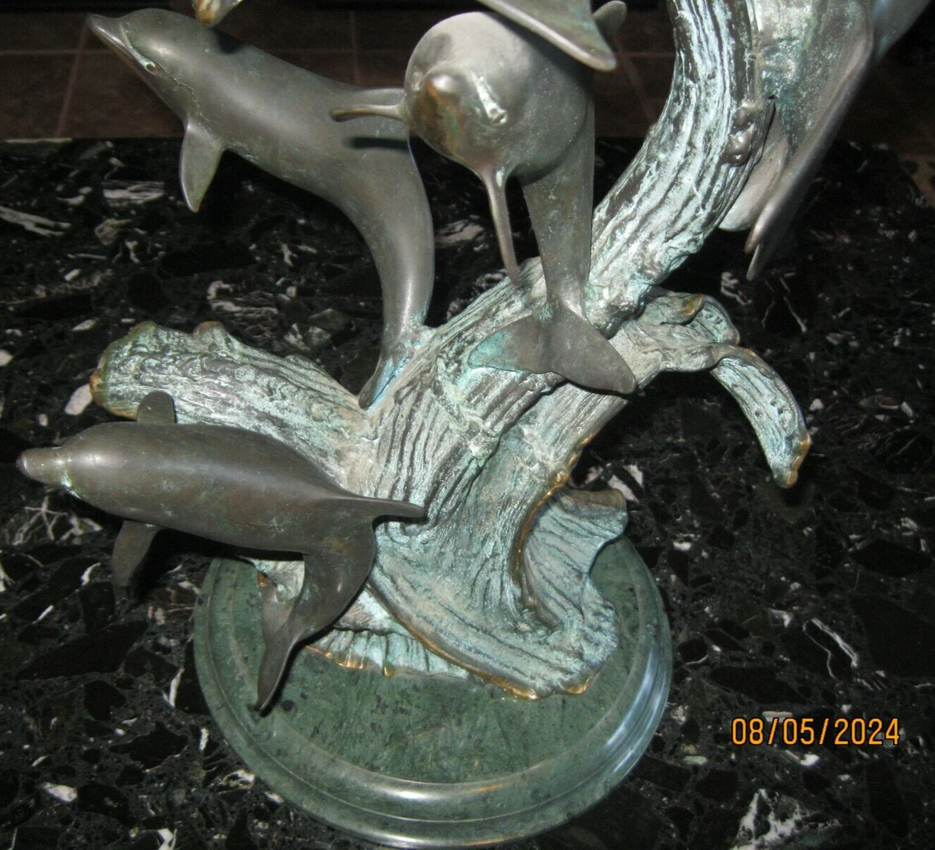 SPI Gallery Dolphin With Calves Brass Marble Base Sculpture
