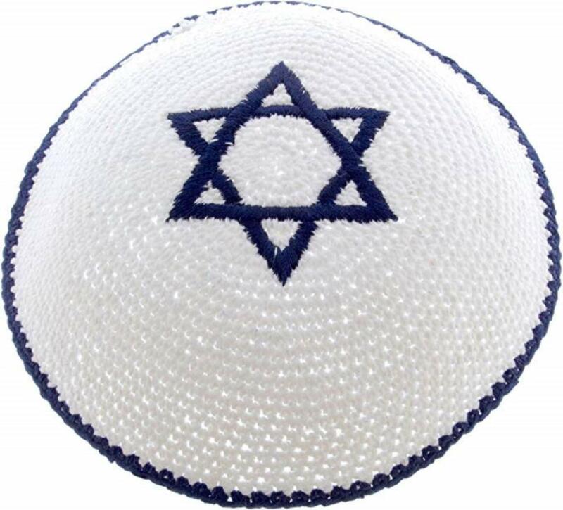 White Knitted Jewish Kippah with Dark Blue Star of Magen David