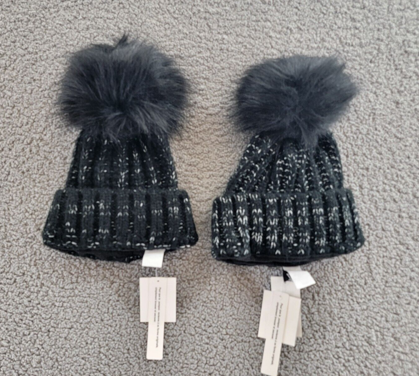 Kyi Kyi 2pcs Knitted Faux Fur Pom Pom Beanie Hat Women's One Size Black - Picture 1 of 7