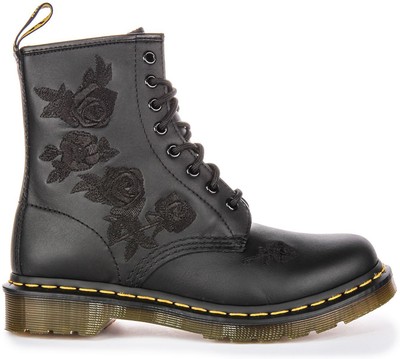Pre-owned Dr. Martens Dr Martens 1460 Vonda 8 Eye Rose Embroidered Womens Boot Black Mono Us 5 - 11