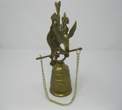Vintage Brass Wall Mount Hanging Bell w/Winged Woman Figure and chain
