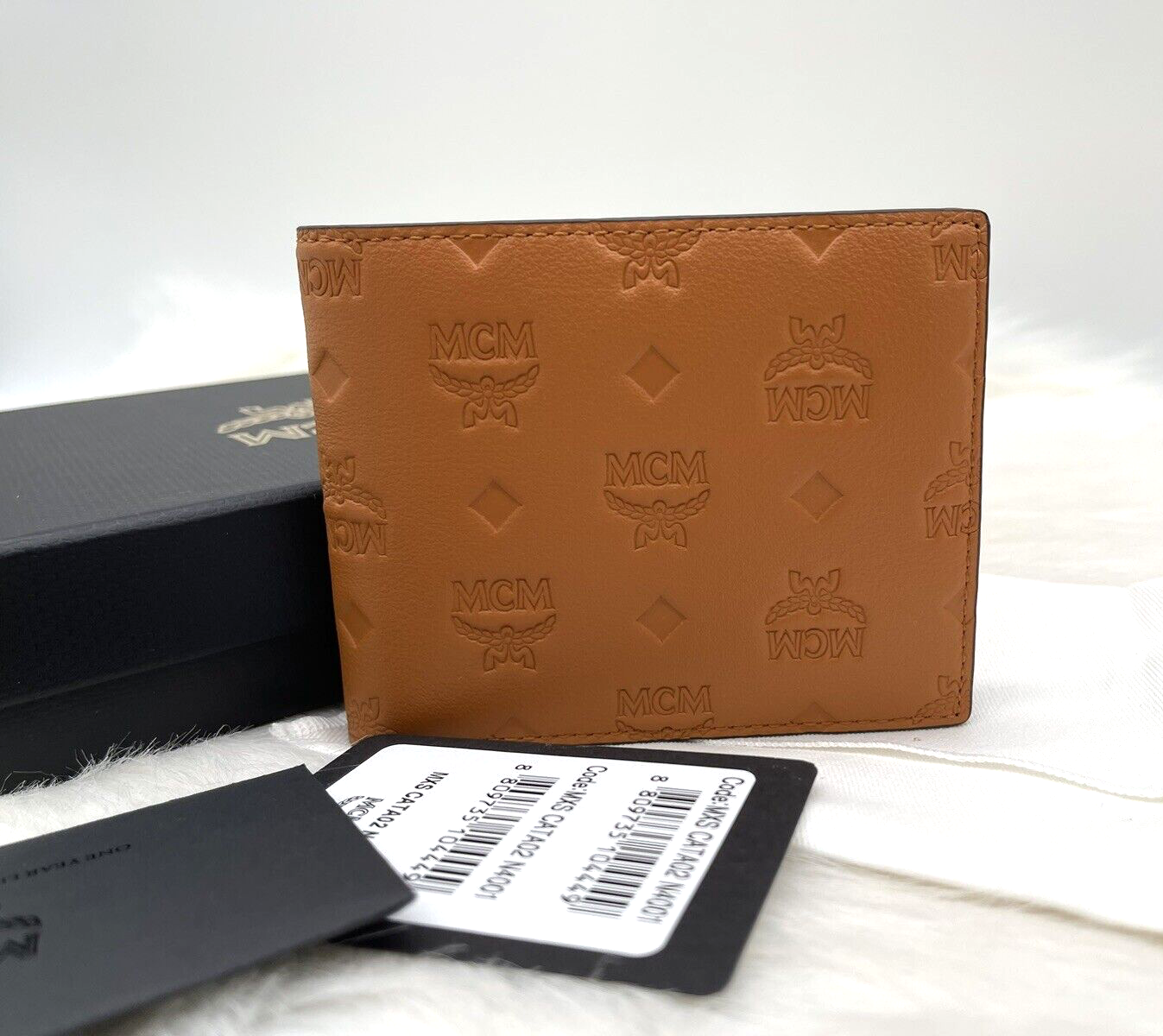 Pre-owned Mcm Auth  Portuna Embossed Monogram Bifold Leather Wallet With Case Case In Roasted Pecan
