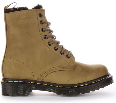 Pre-owned Dr. Martens Dr Martens 1460 Serena Fur Lined Leather Ankle Womens Boots Olive Green Us 4 - 9 In Olivegreen