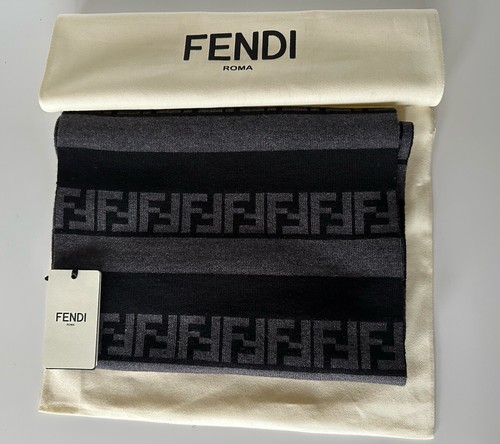 Pre-owned Fendi $470  Ff Logo Wool Black/grey Scarf 12w X 73.5l Fxs124 Italy In Gray