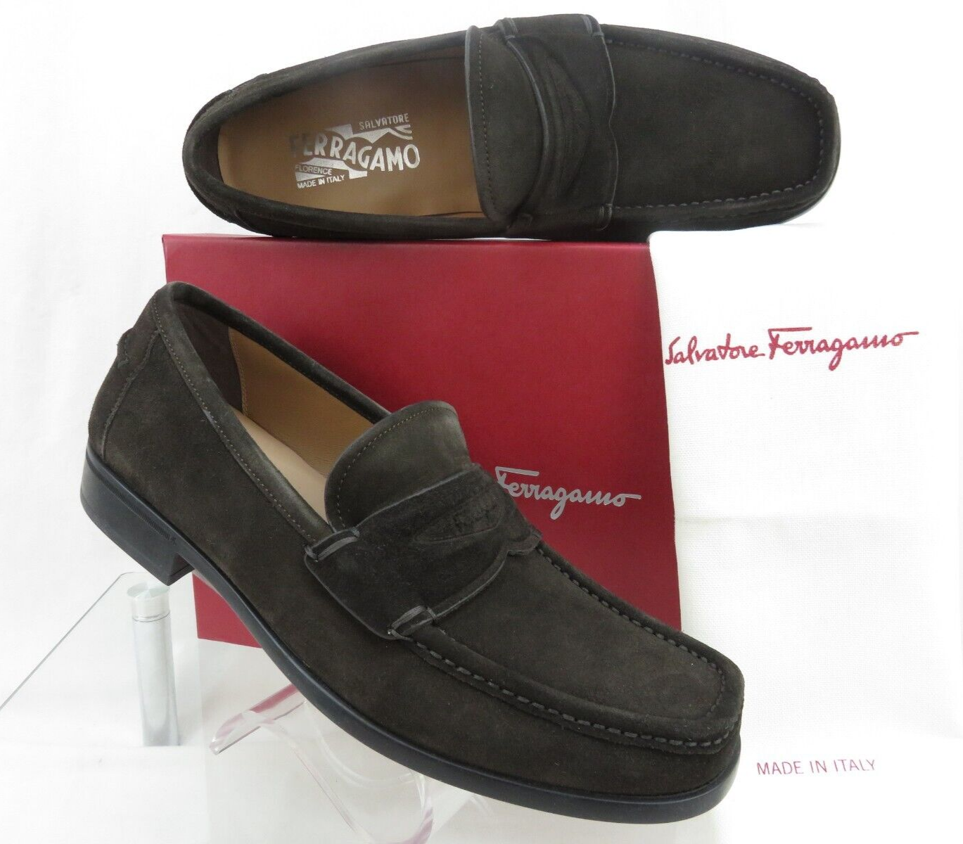 FERRAGAMO FERRAGAMO LANZAROTE HICKORY BROWN SUEDE MOCCASIN LOGO PENNY LOAFERS 10 D