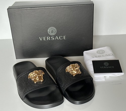 Pre-owned Versace Gold Medusa Head Slides Sandals Black 11 Us (41 Eu) Dsr262cn It $450