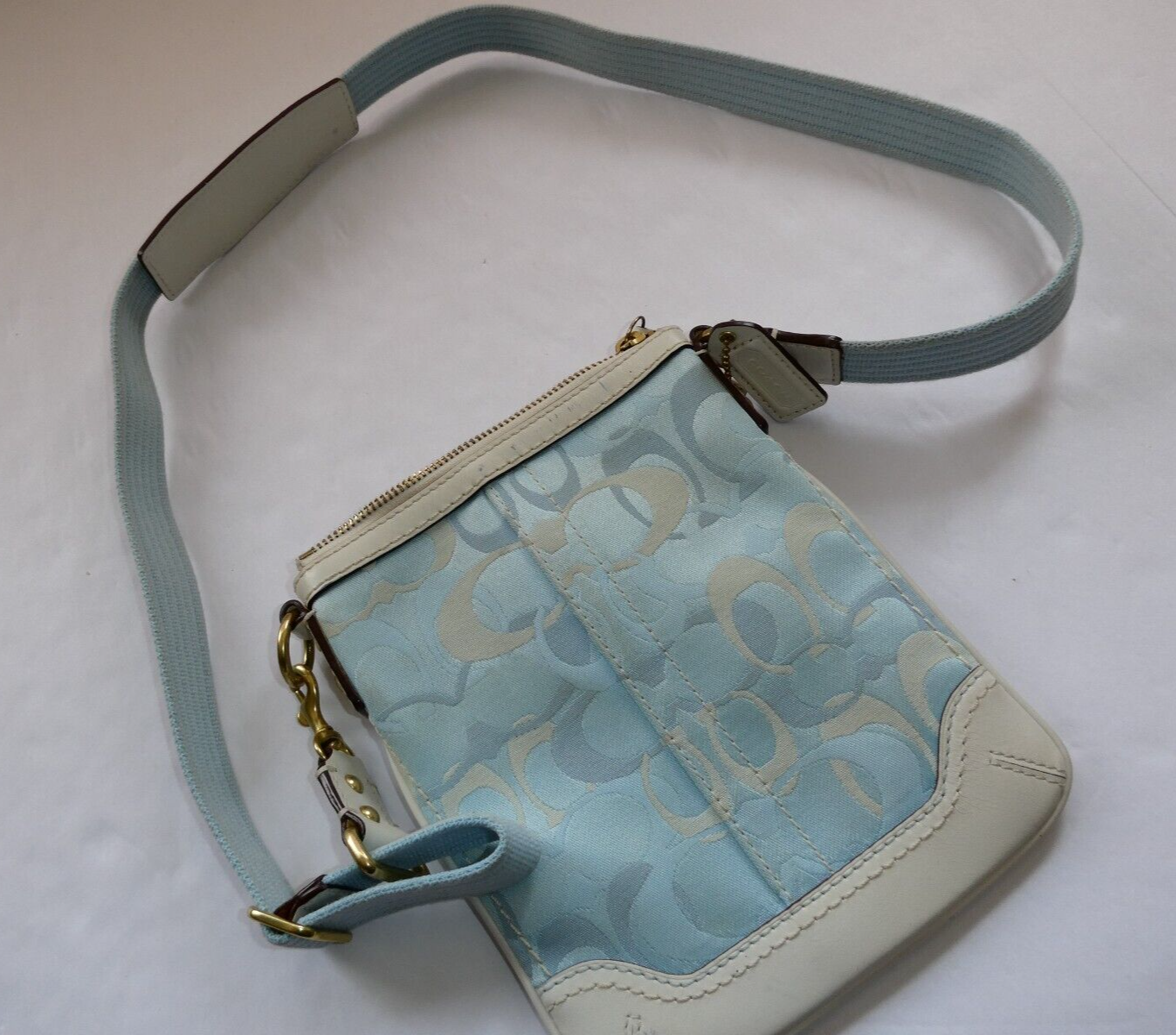 Vintage Coach Side Bag, Monogram Logo Print, Light Blue Vintage Coach Side Bag, Monogram Logo Print, Light Blue