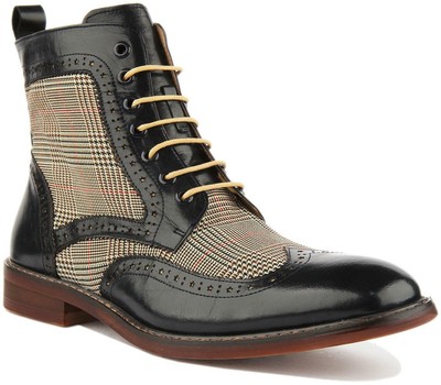 JUSTINREESS ENGLAND JUSTINREESS ENGLAND HERREN LEATHER&CHECK STOFF KNÖCHEL STIEFEL IN BROWN GRÖSSE 6