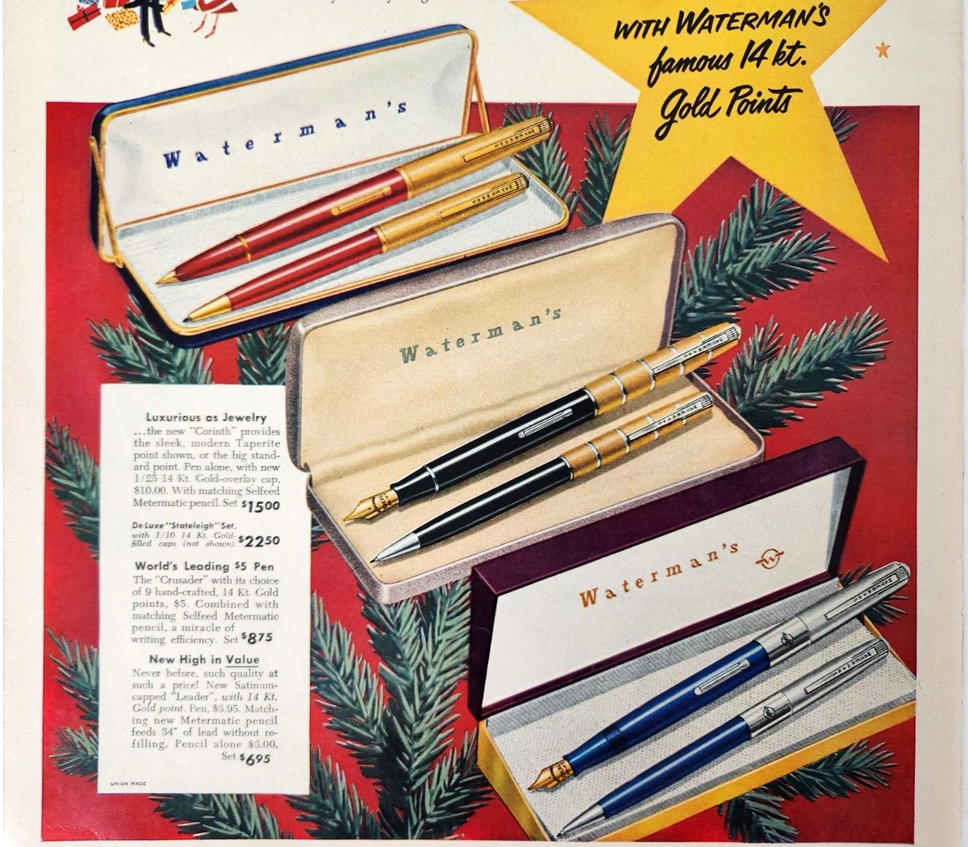 Watermans Fountain Pens Christmas Sets Vintage Ad 1950