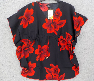 Favant Hawaii Swimsuit Cover Up Womens One Size Hibiscus Black Red Beach NWT