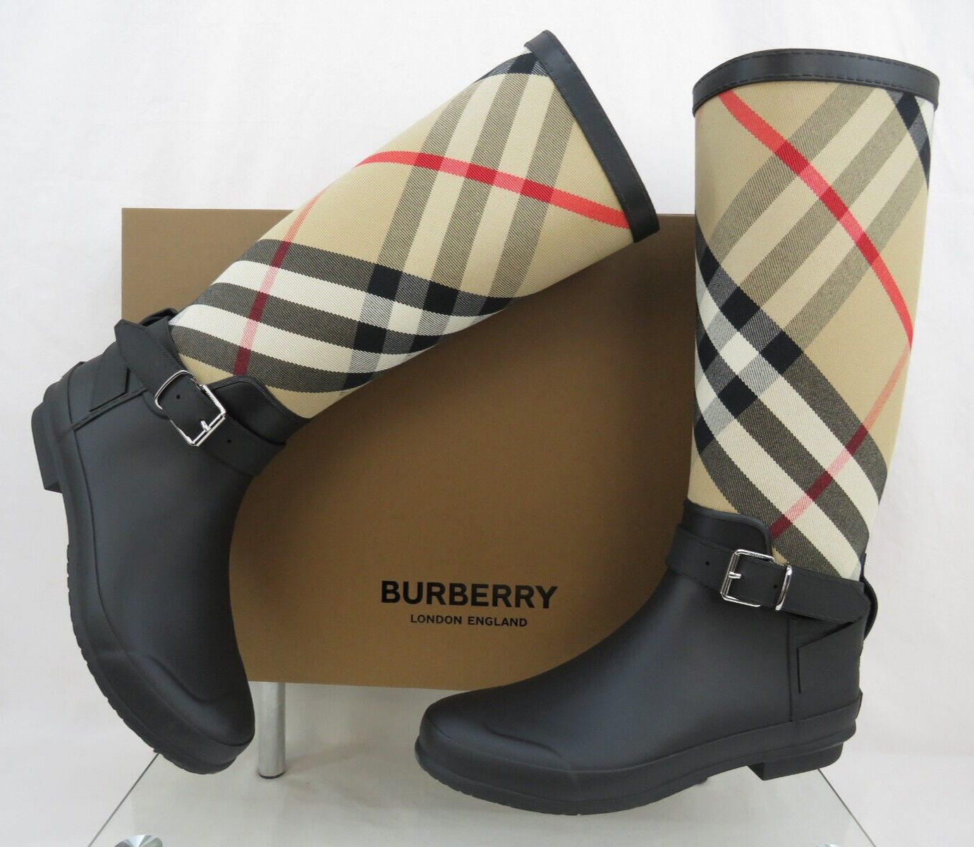 Pre-owned Burberry Simeon Black Rubber Beige Check Logo Knee High Rain Boots Us 10 Eu 40