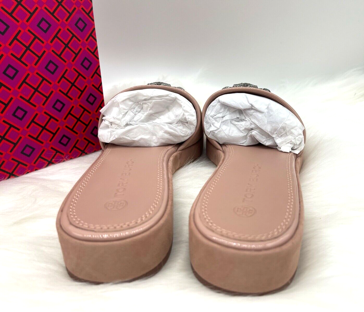 Pre-owned Tory Burch $348  Eleanor Crystal Double T Suede Sandals In Meadowsweet Sz 9.5