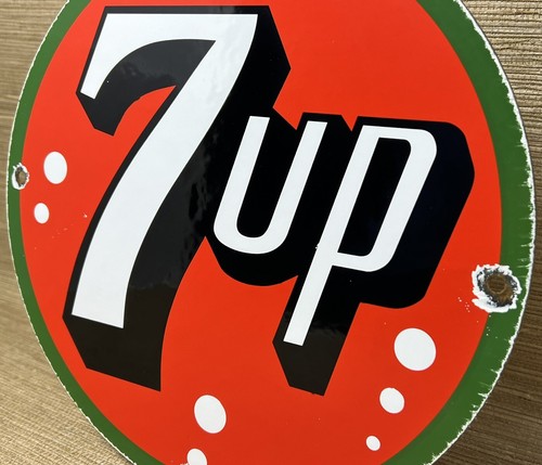 VINTAGE 7UP SODA POP PORCELAIN SIGN GAS STATION PUMP PLATE MOTOR OIL PEPSI COLA