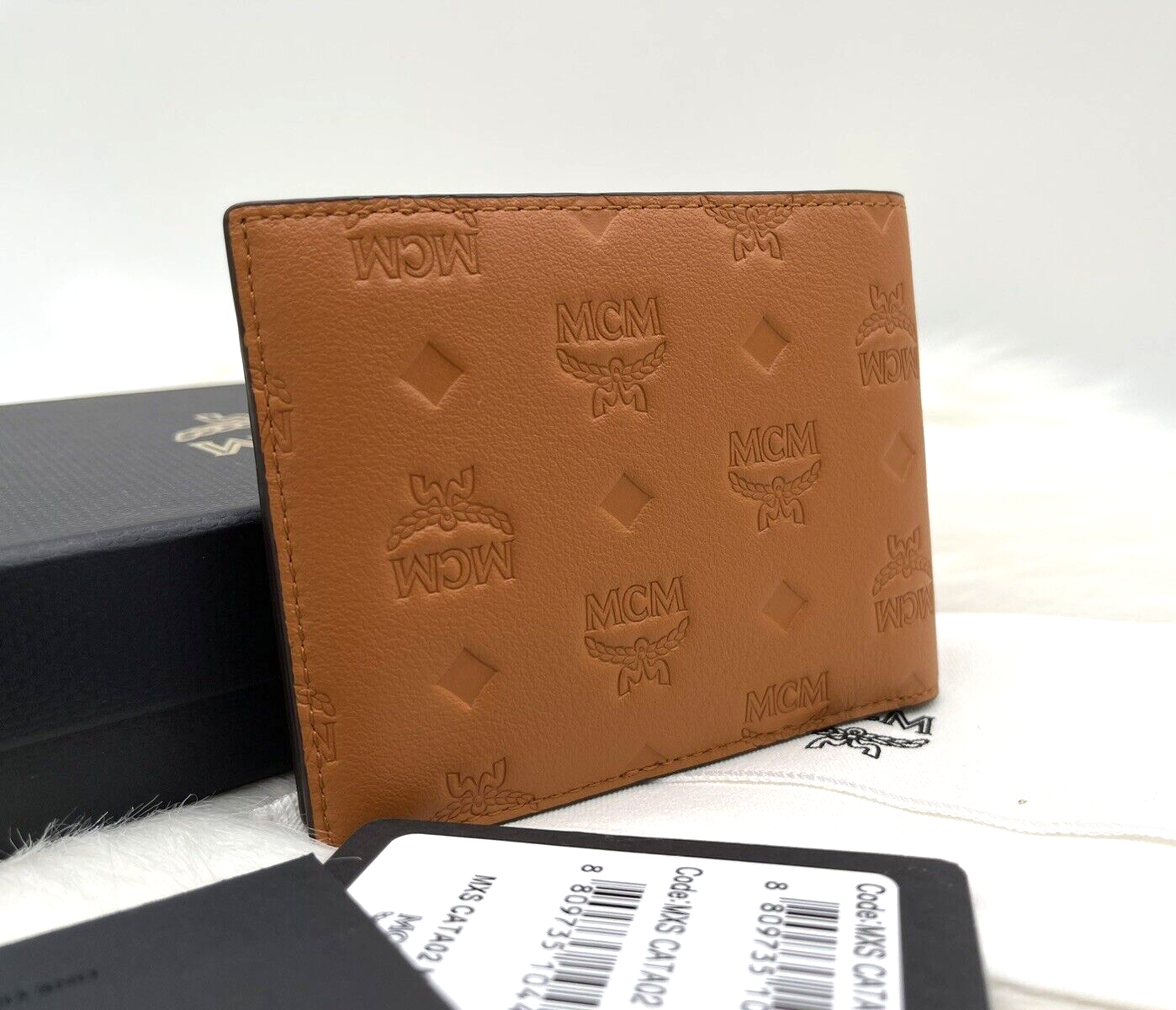 Pre-owned Mcm Auth  Portuna Embossed Monogram Bifold Leather Wallet With Case Case In Roasted Pecan