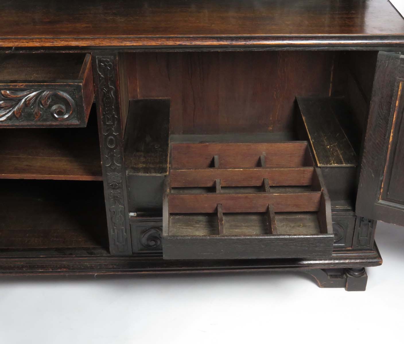 Antique sideboard buffet server Jacobean Revival English oak carved cabinet bar