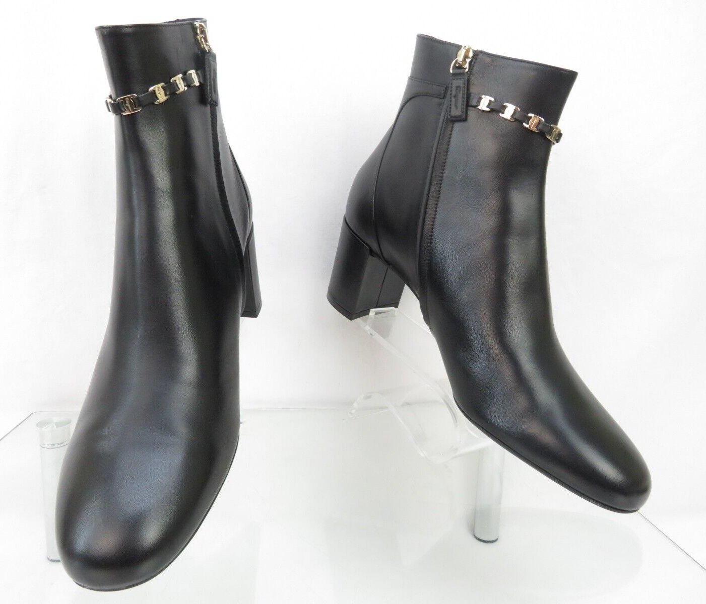 Pre-owned Ferragamo $1050  Ghila Black Leather Vara Gancini Chain Zip Heel Ankle Boots 11 C