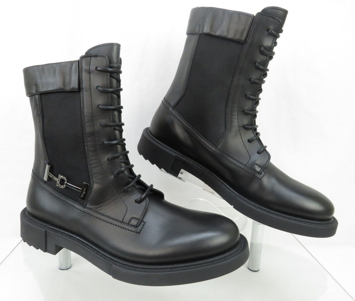 Pre-owned Ferragamo Iglesias Black Leather Gancini Logo Pull Chelsea Combat Boots 10.5 D