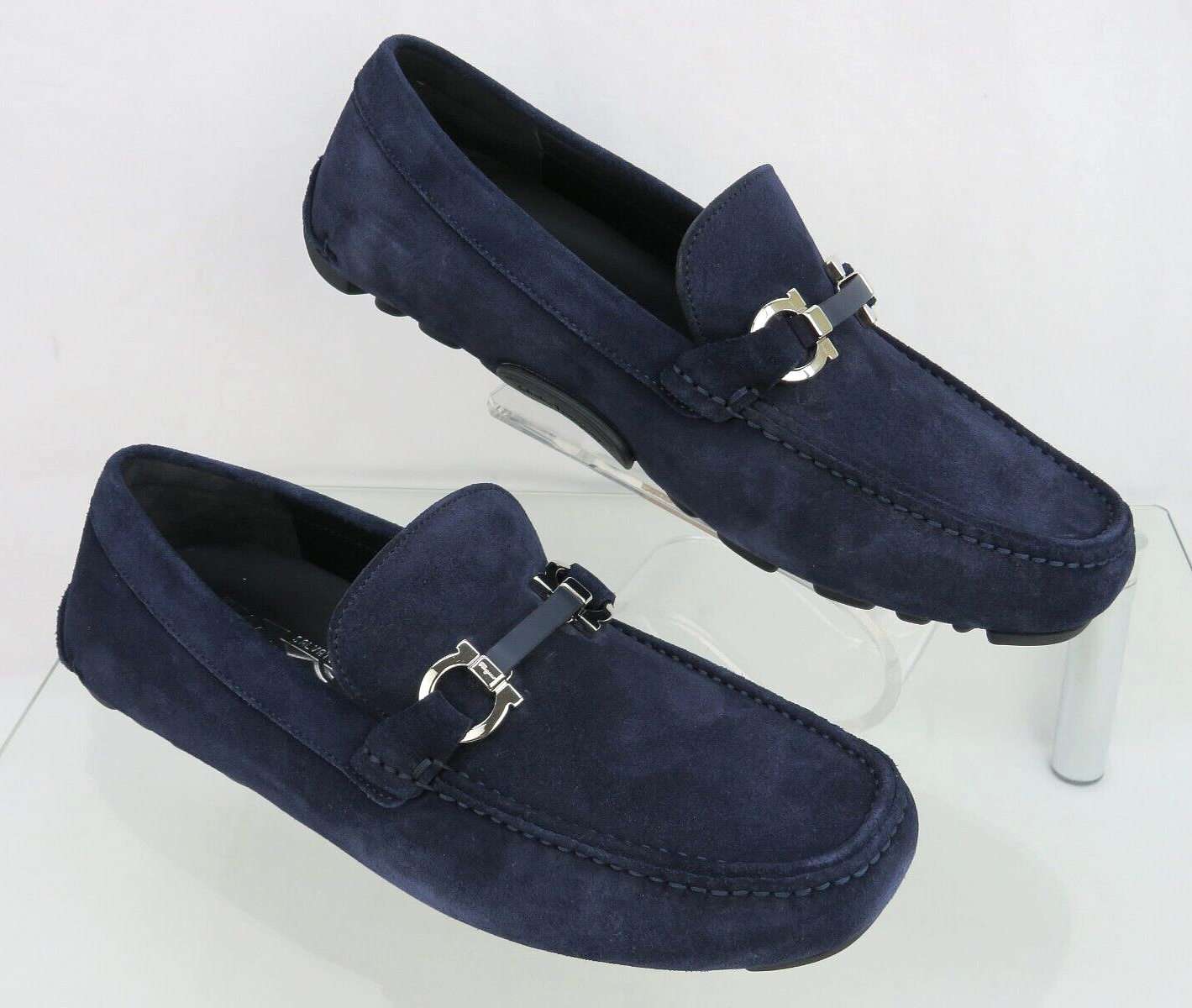 Pre-owned Ferragamo Salamanca Navy Suede Gancini Bit Moccasin Driving Loafers Us 9 Ee In Blue