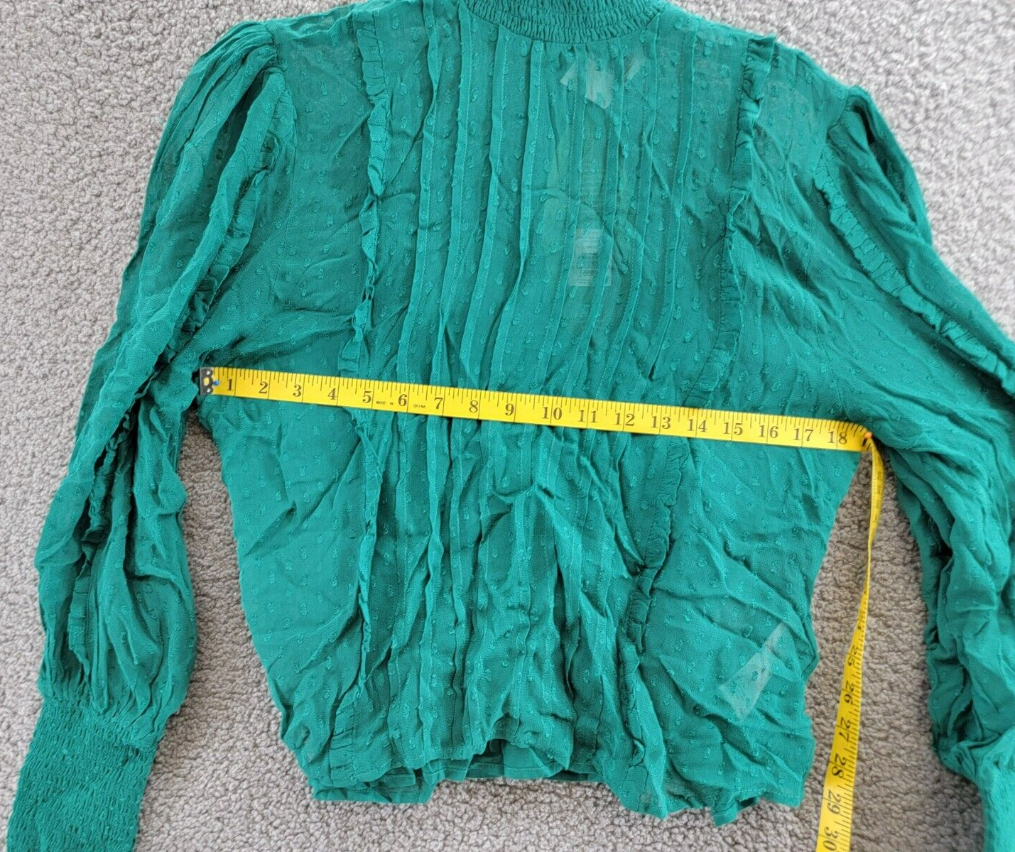 FARM Rio Ruffled Clip Dot Blouse Women's M Emerald High Smocked Neck Long Sleeve - Picture 5 of 16