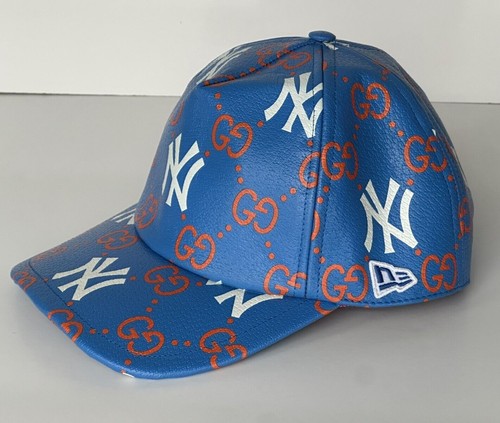 Gucci Men's NY Yankees GG Logo Leather Baseball Cap Hat Blue