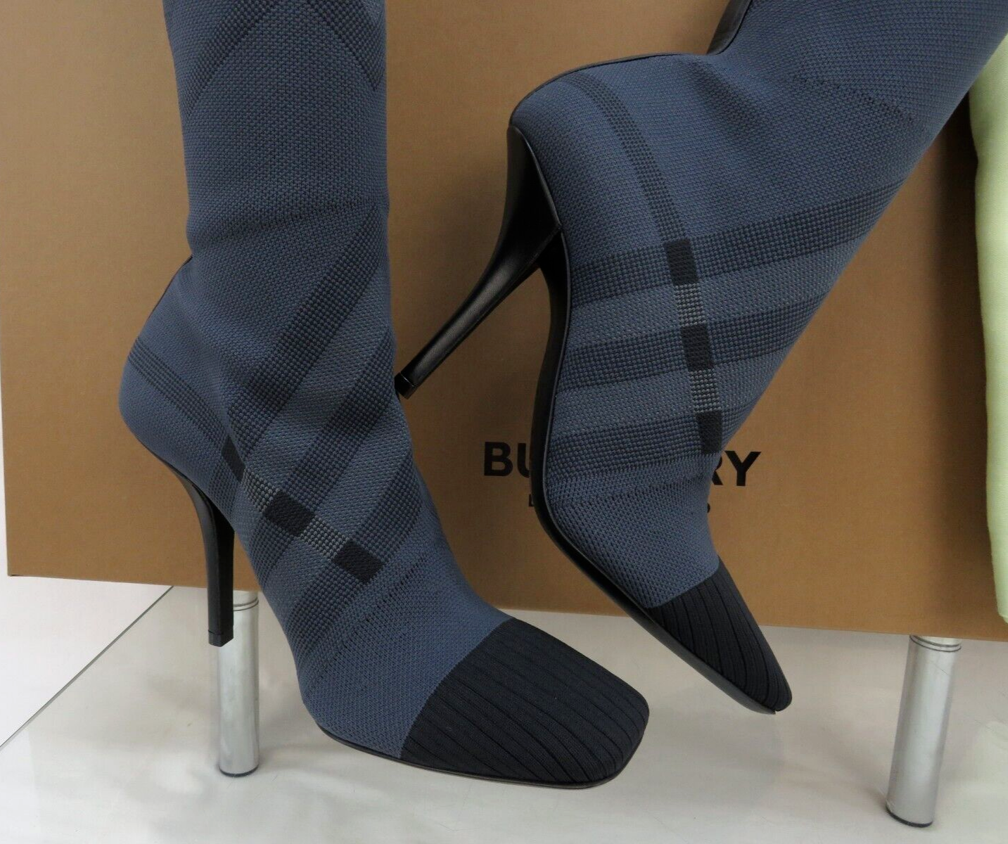 Pre-owned Burberry $1000  Dolman Navy Gray Knitted Check Knee High Heel Sock Boots 37