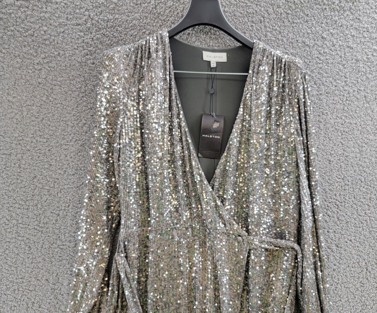 Pre-owned Halston Heritage Halston Falan Sequined Wrap Dress Women's 10 Dark Silver Long Sleeve Lined