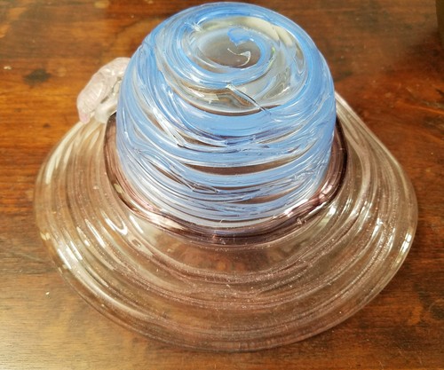 Vintage large blue art glass serving bowl hat with pink flower
