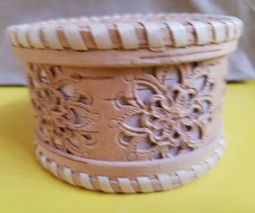 Birch Bark Hand Carved Round Trinket Box Russian