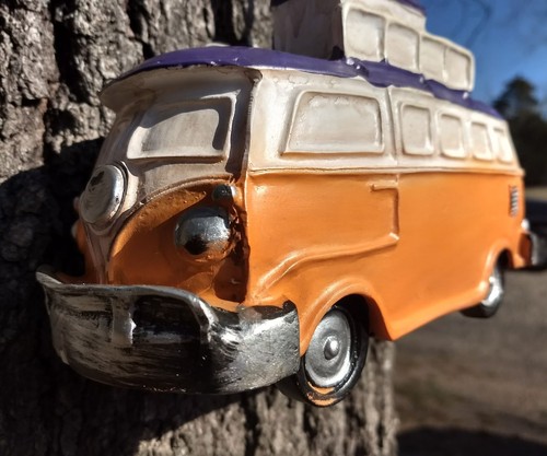 New old 1960's hippy purple orange Volkswagen van bus ceramic birdhouse