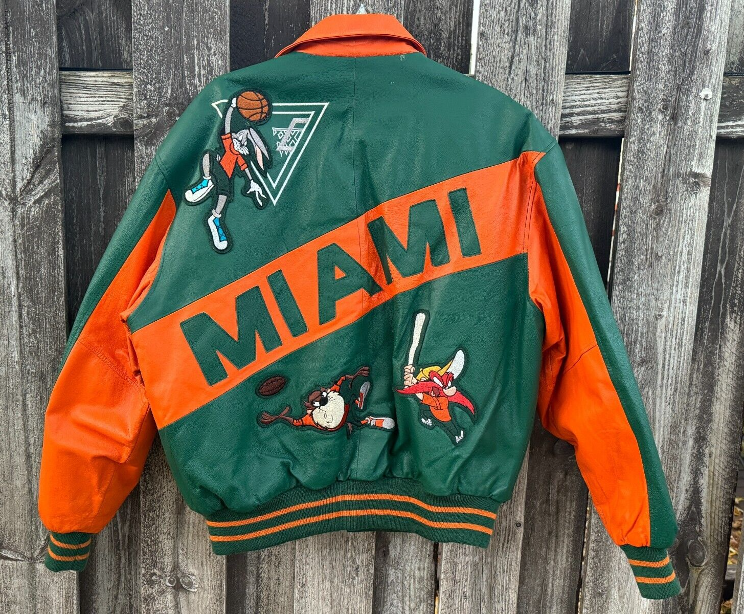 VTG 90s Miami Hurricanes Leather Bomber Jacket Looney Toons