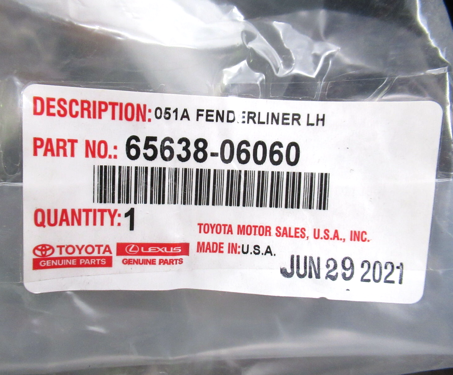 Genuine OEM Toyota 65638-06060 Driver LH Rear Fender Liner