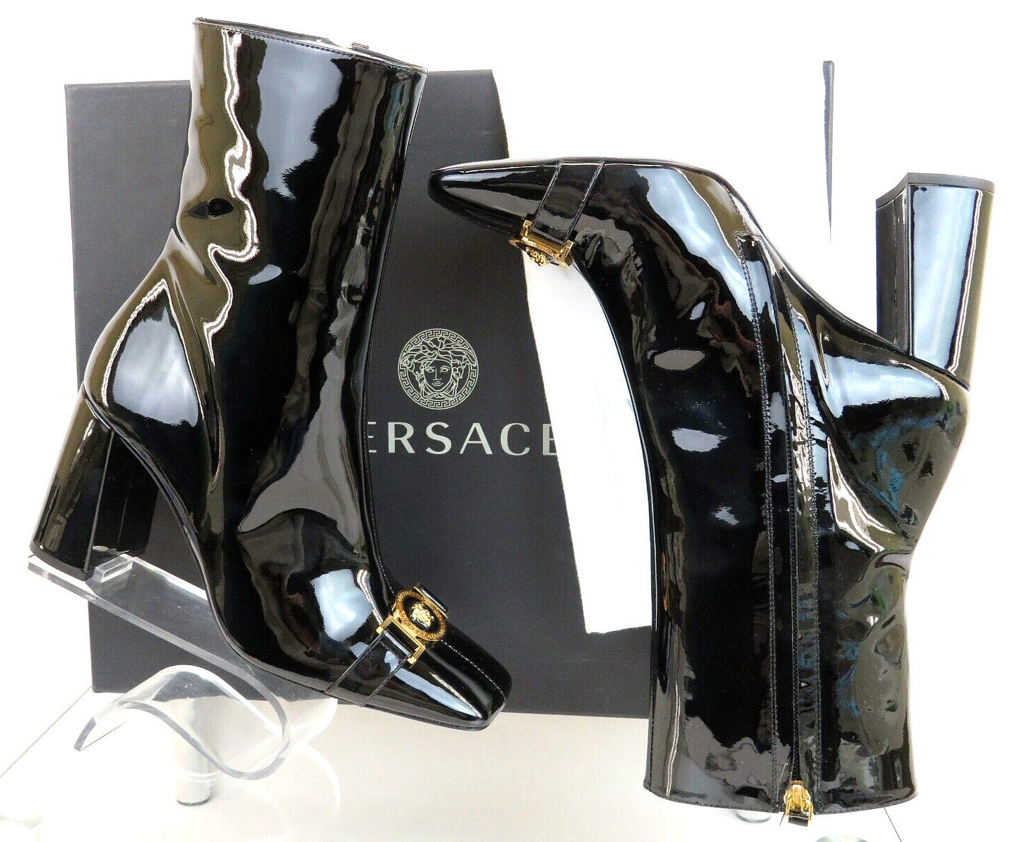 Pre-owned Versace $1300  Black Patent Leather Medusa Medallion Zip Heel Ankle Boots 39.5