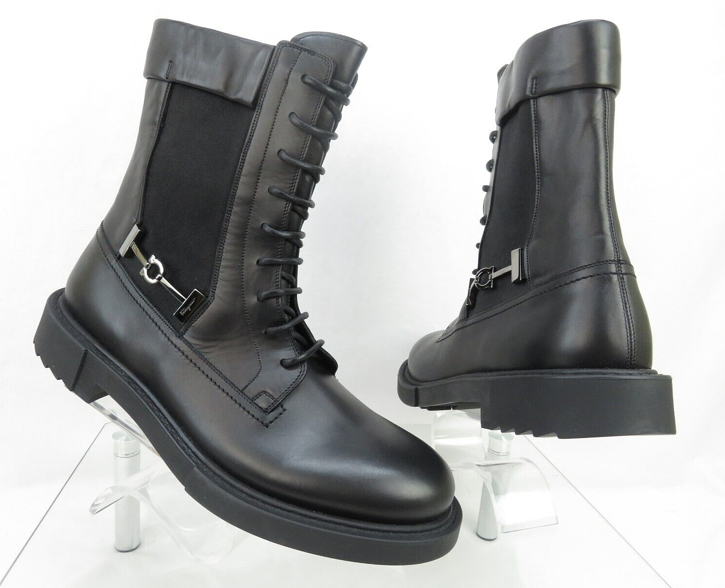 Pre-owned Ferragamo Iglesias Black Leather Gancini Logo Pull Chelsea Combat Boots 10.5 D