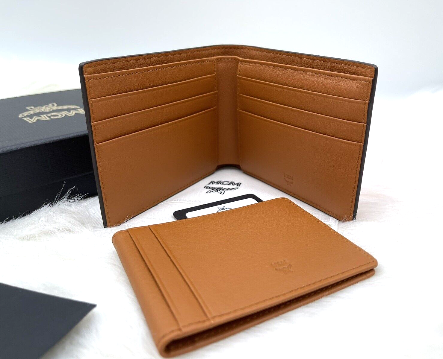 Pre-owned Mcm Auth  Portuna Embossed Monogram Bifold Leather Wallet With Case Case In Roasted Pecan