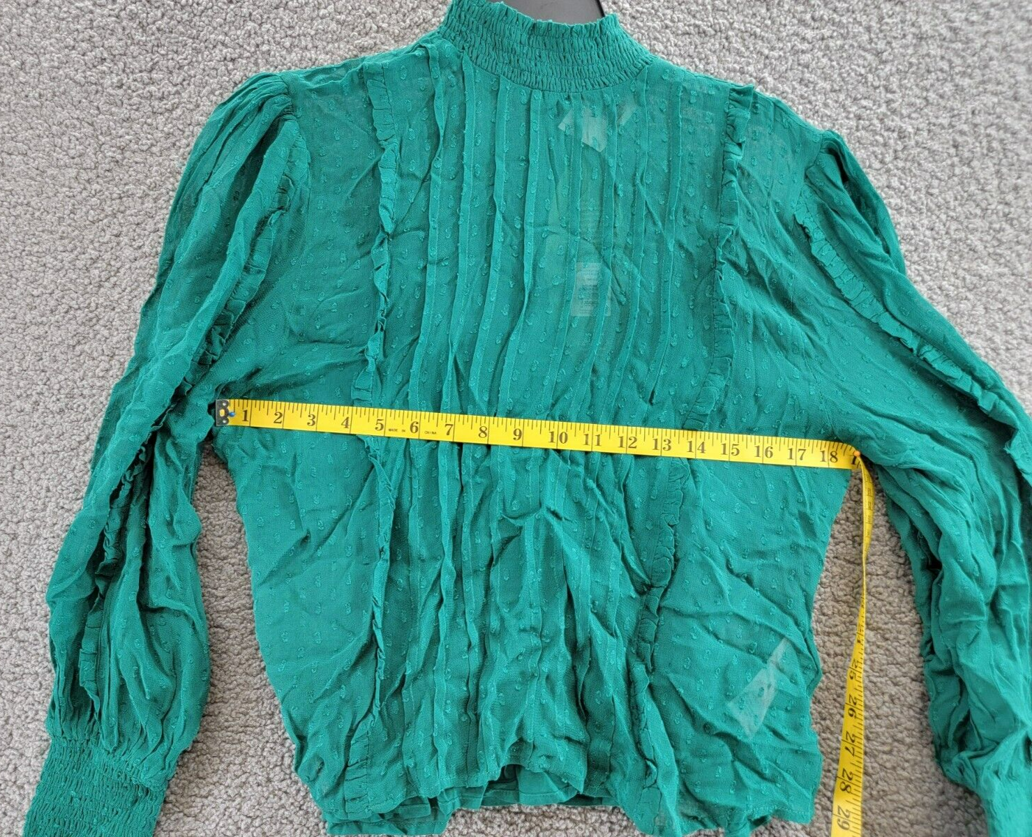 FARM Rio Ruffled Clip Dot Blouse Women's M Emerald High Smocked Neck Long Sleeve - Picture 6 of 16