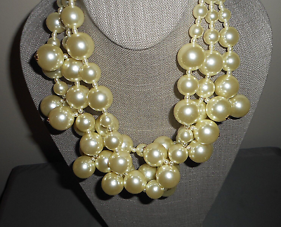 Kenneth Lane 3 strand Big Faux Pearl Statement Necklace w 20mm Pearl Drops