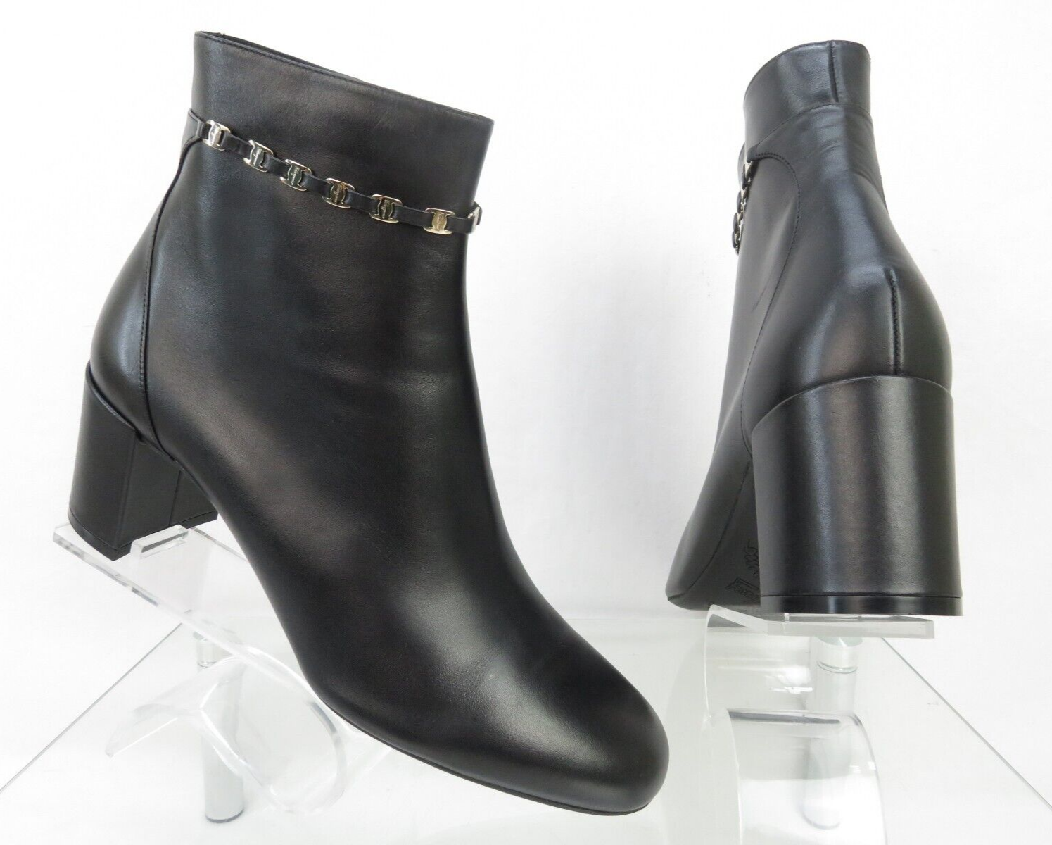 Pre-owned Ferragamo $1050  Ghila Black Leather Vara Gancini Chain Zip Heel Ankle Boots 11 C