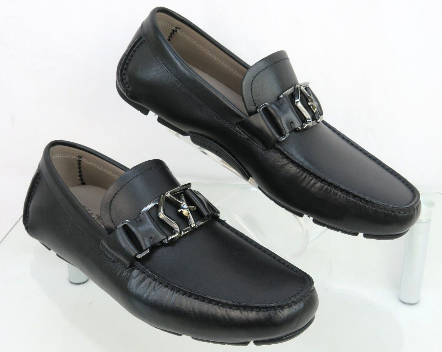 Pre-owned Ferragamo Peter Black Leather Sf Logo Buckle Moccasin Driving Loafers Us 10 D