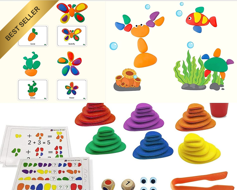 70PC Rainbow Stacking Stones Math Game Activity Cards Preschool Learning
