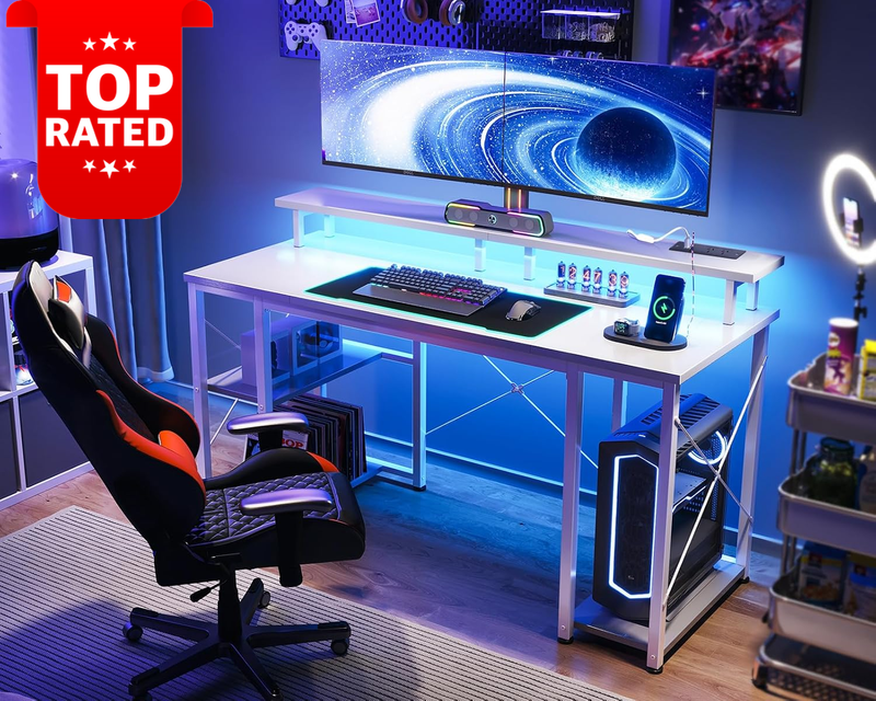 RGB Gaming Desk with Socket Monitor Stand Computer Table White 120x50cm